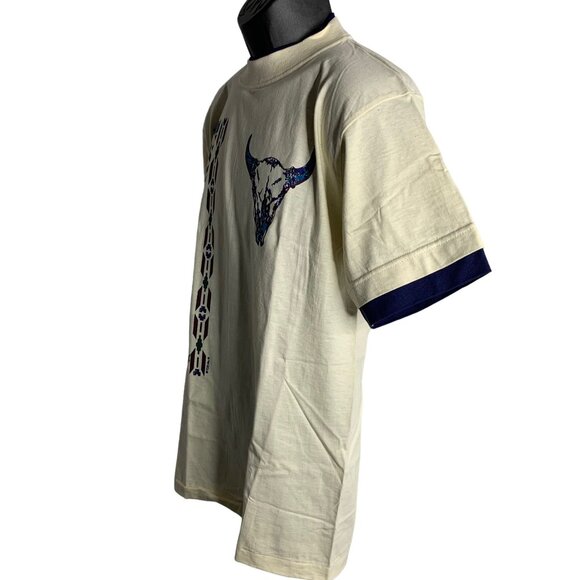 Vintage 90s Southwestern Crewneck T Shirt M Beige Double Collar Deadstock Skull - Picture 3 of 6